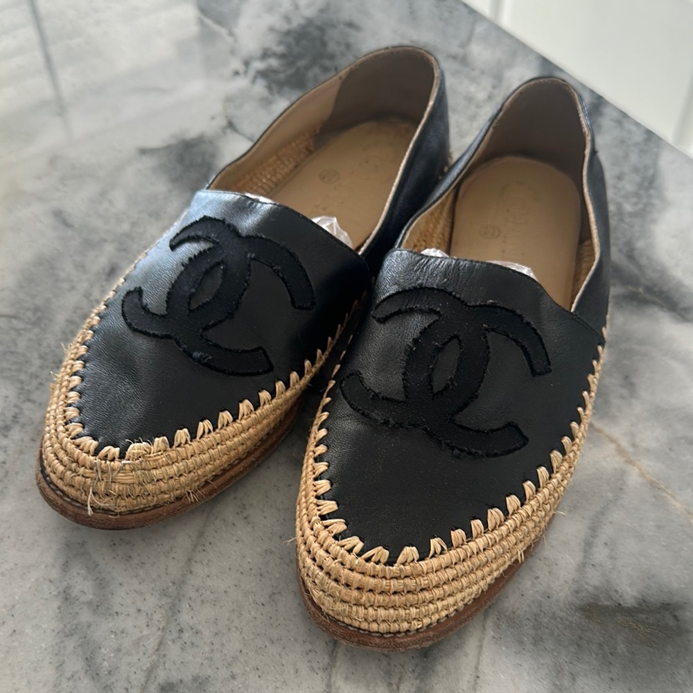 CHANEL Black and Tan Espadrille Loafers
